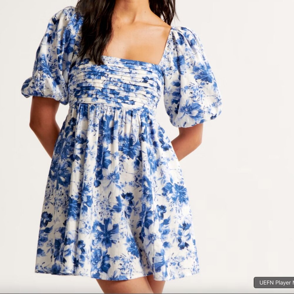 Abercrombie & Fitch Emerson Linen-Blend Puff Sleeve Mini Dress in Blue Floral